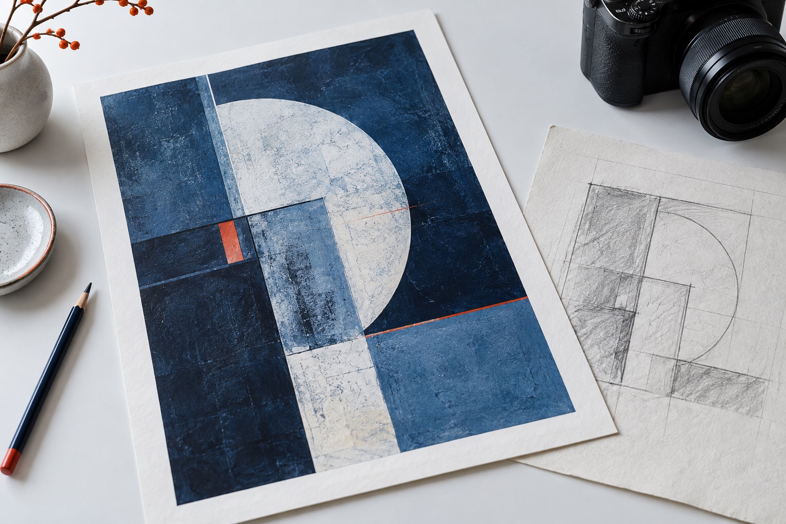AI-generated illustration of artwork, a sketch and a camera