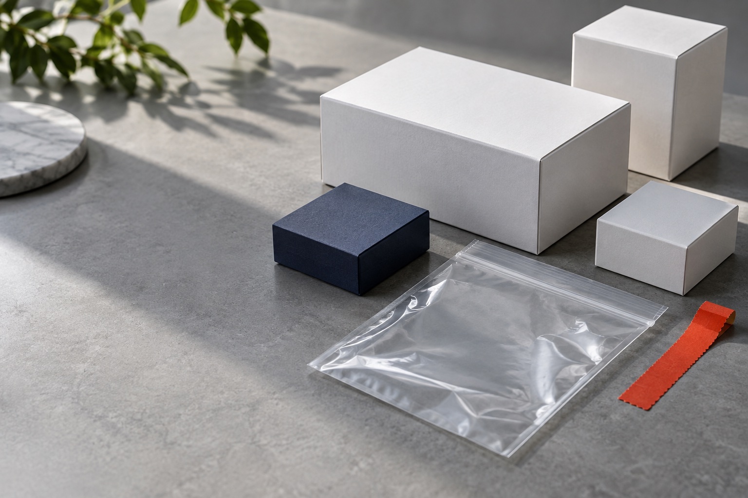 Unbranded packaging and a sample bag on a table, an AI-generated illustration of evidence preparation